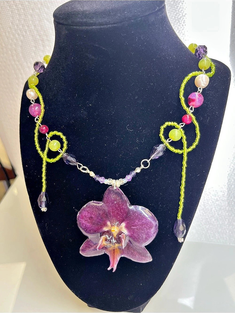 Orchid Statement Necklace in Purple & Green New